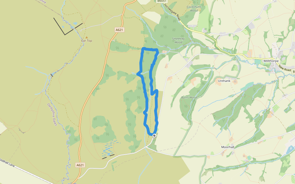 Smeekley Wood walking route map in Holmesfield
