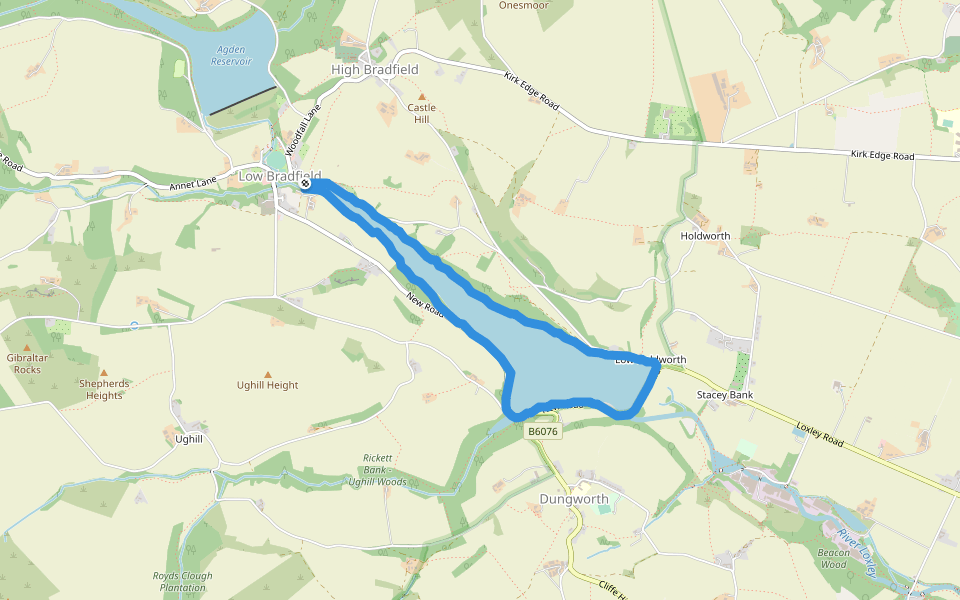 Damflask Reservoir walking route map in Low Bradfield