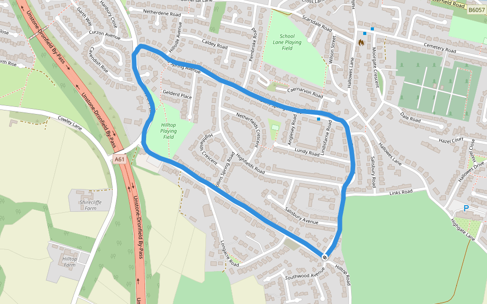Hilltop Playing Field walking route map in Dronfield