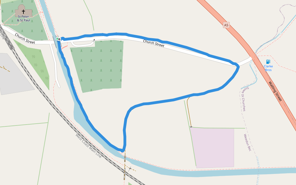 Grand Union Canal walking route map in Weedon Bec