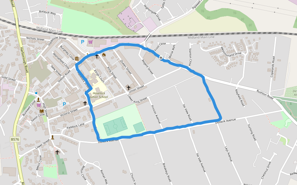 Desborough Lawn Bowling walking route map in Desborough