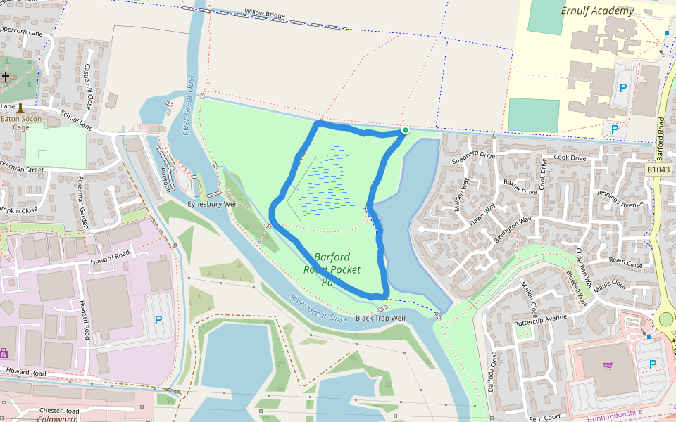 Barford Road Pocket Park walking route map in Eynesbury