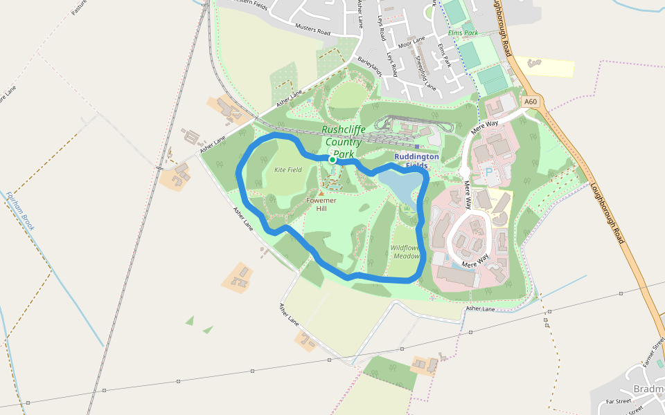 Rushcliffe Country Park walking route map in Ruddington