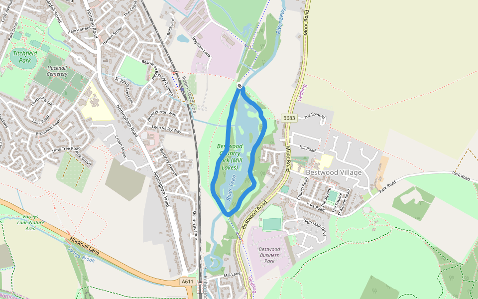 Bestwood Country Park (Mill Lakes) walking route map in Bestwood Village