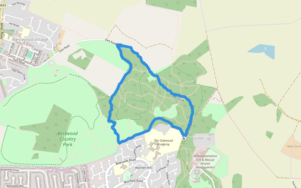 Bestwood Country Park walking route map in Arnold