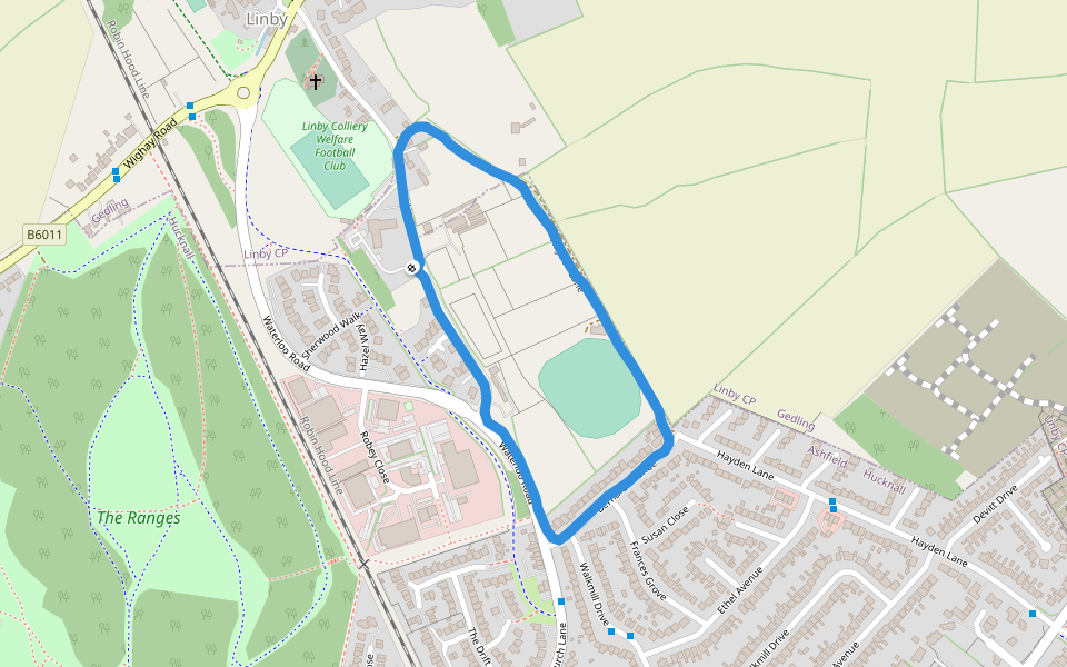 Linby Colliery Welfare Football Club walking route map in Linby
