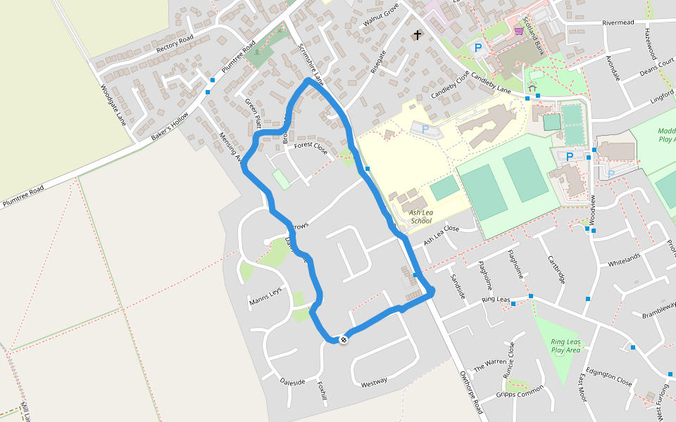 Broadmeer Play Area walking route map in Cotgrave