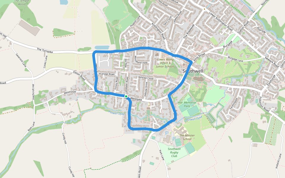 Saracen's Head walking route map in Southwell