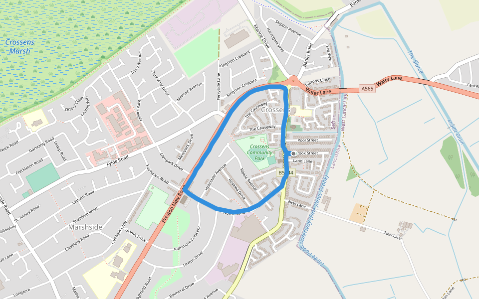 Crosssens Community Park - Preston New Road walking route map in Southport