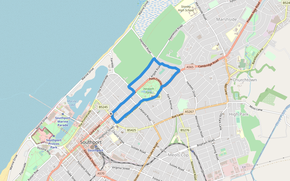 Hesketh Park walking route map in Southport