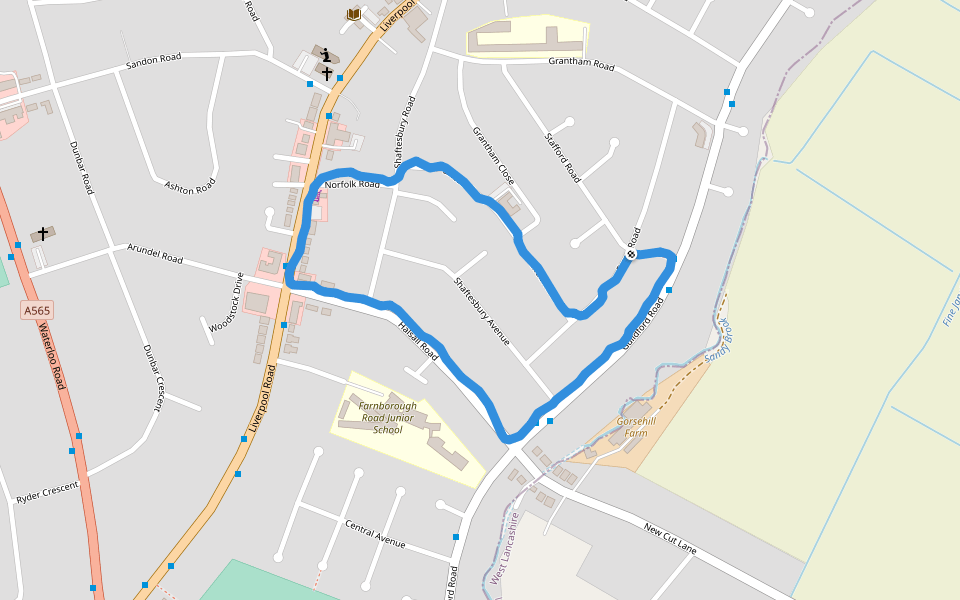 Farnborough Road Junior School walking route map in Southport