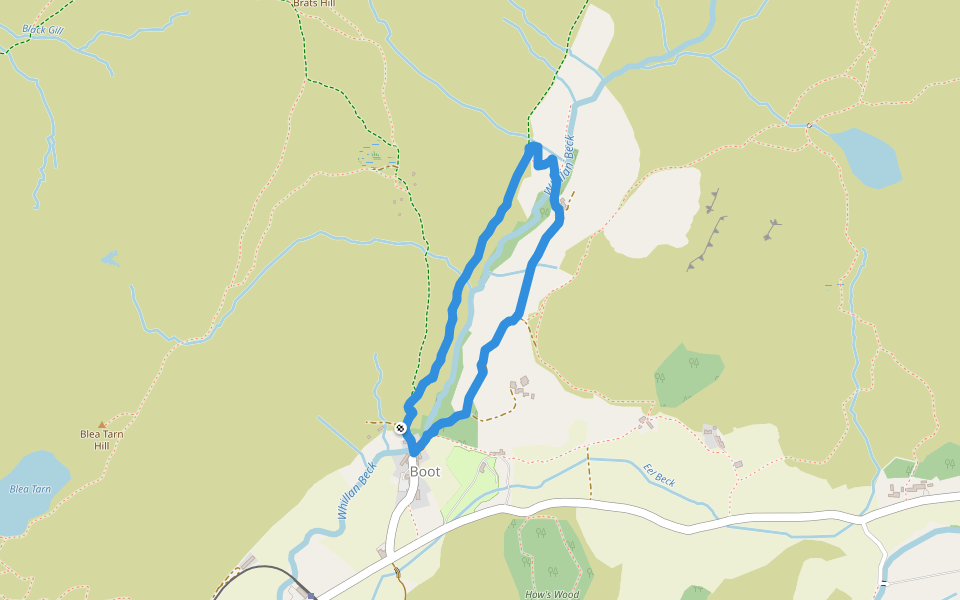 Whillan Beck walking route map in Boot