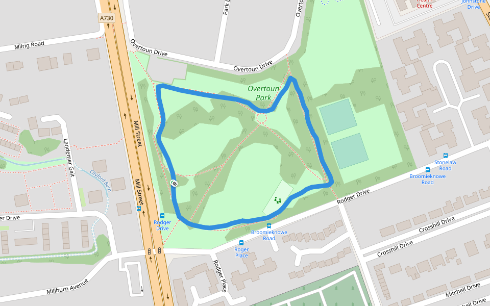 Overtoun Park walking route map in Rutherglen