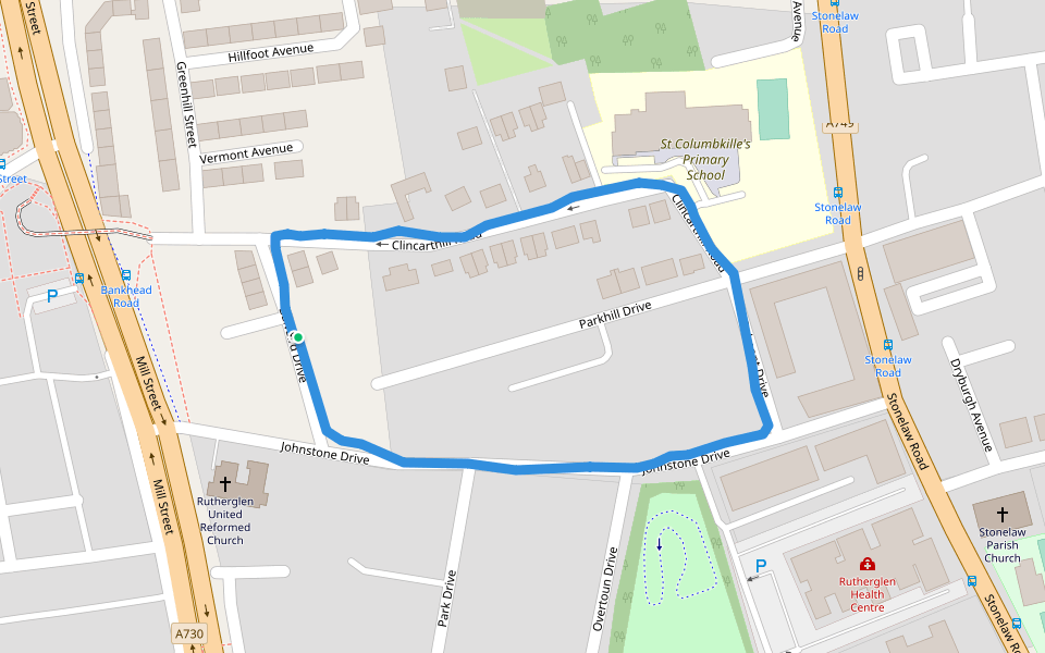 Overtoun Park walking route map in Rutherglen