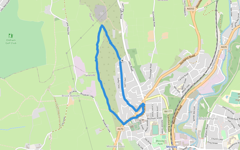 The Mossley Cross - Waterton Lane walking route map in Mossley