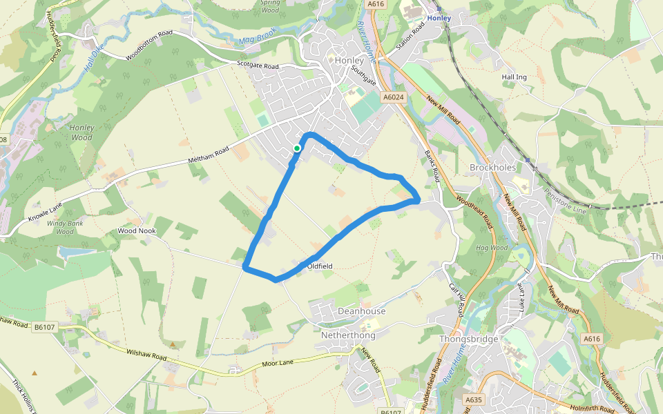 Honley Head Wood - Oldfield Road walking route map in Honley