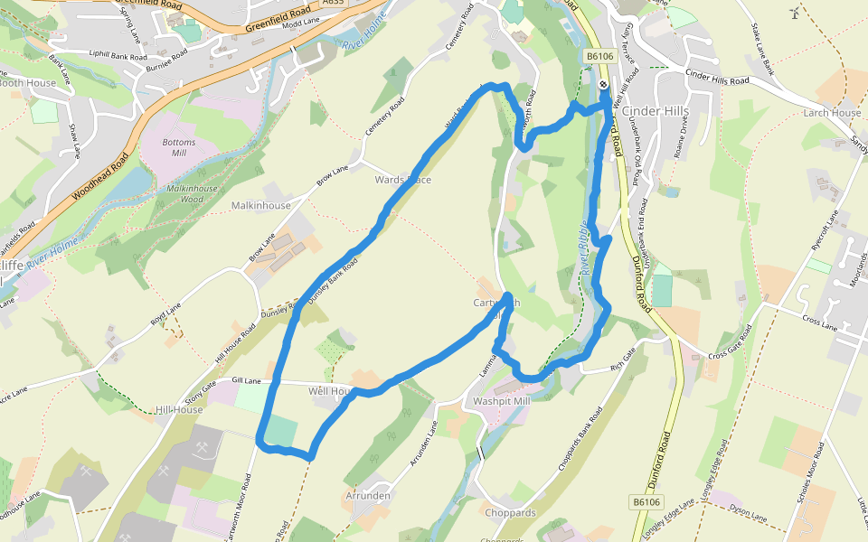 Ward Bank Road walking route map in Holmfirth
