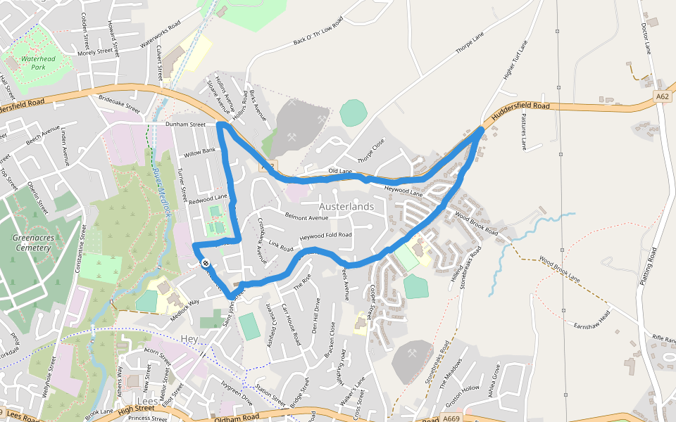 Lees Park - Huddersfield Road walking route map in Lees