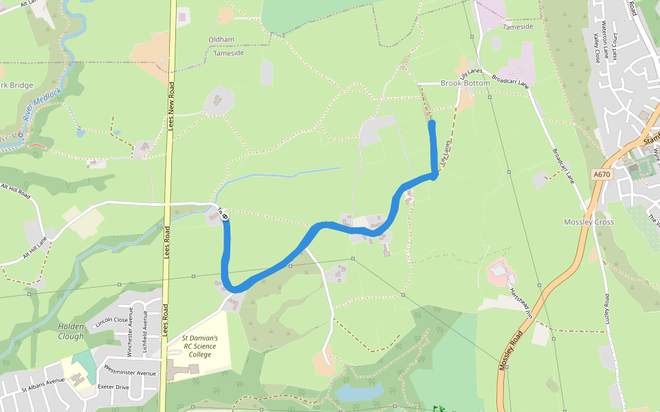 Lily Lanes walking route map in Ashton-under-Lyne