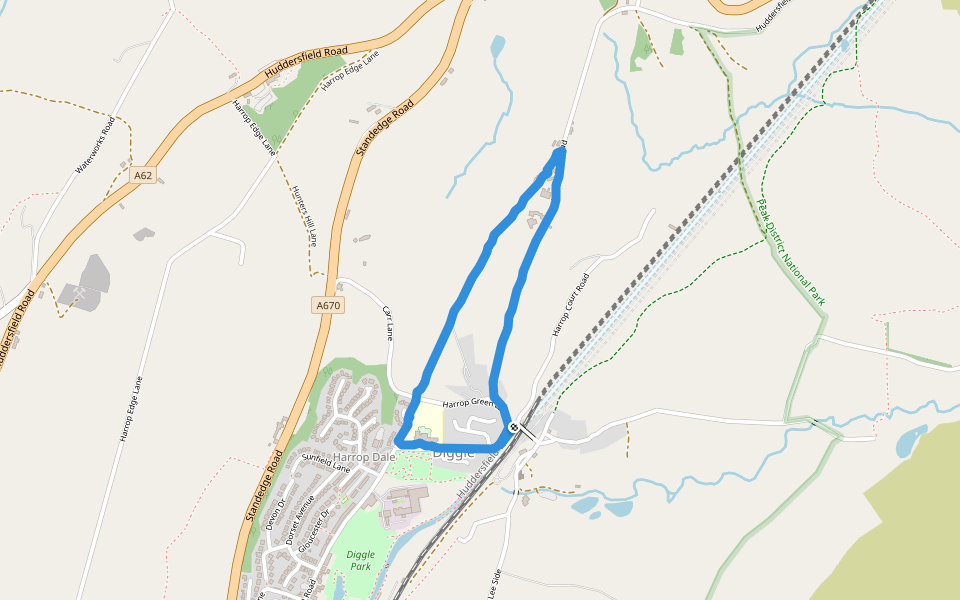 Diggle School - Huddersfield Road walking route map in Diggle