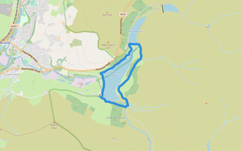 Dovestone reservoir walking route map in Greenfield