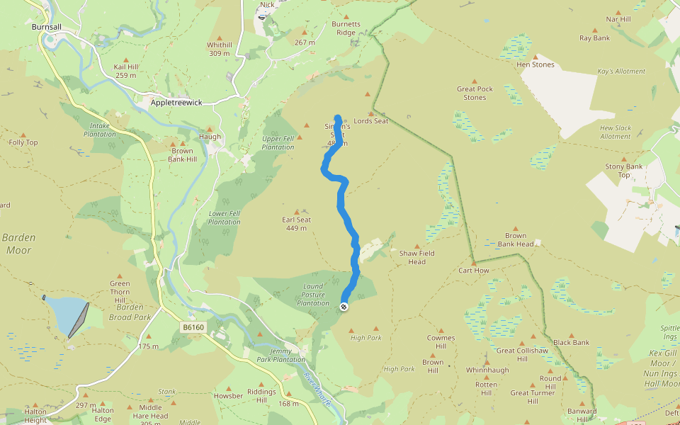 Simon's Seat walking route map in Beamsley