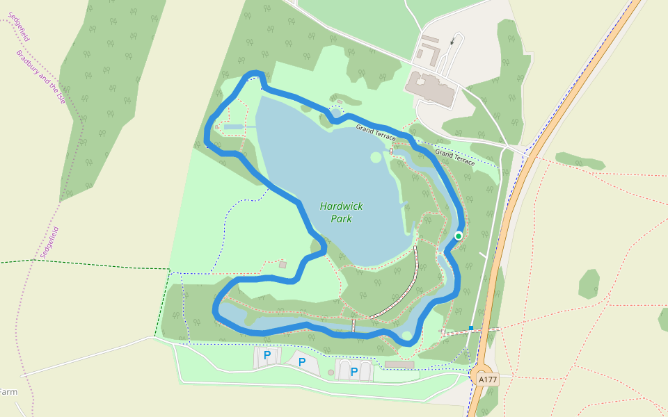 Hardwick Hall Country Park walking route map in Sedgefield