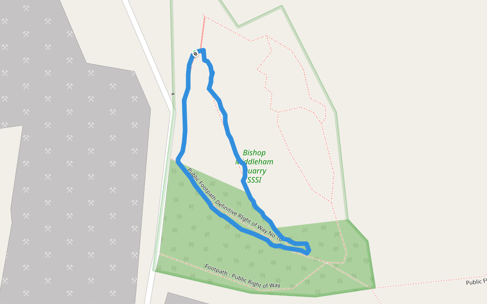 Bishop Middleham Quarry SSSI walking route map in Bishop Middleham