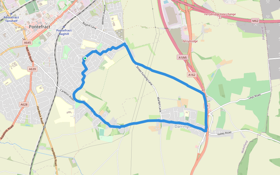 Darrington - Carleton Road walking route map in Pontefract