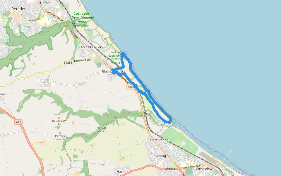 Durham Coast National Nature Reserve walking route map in Blackhall Colliery