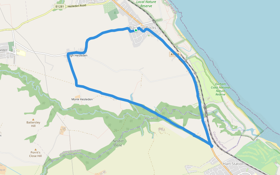 Coast Road walking route map in Blackhall Colliery