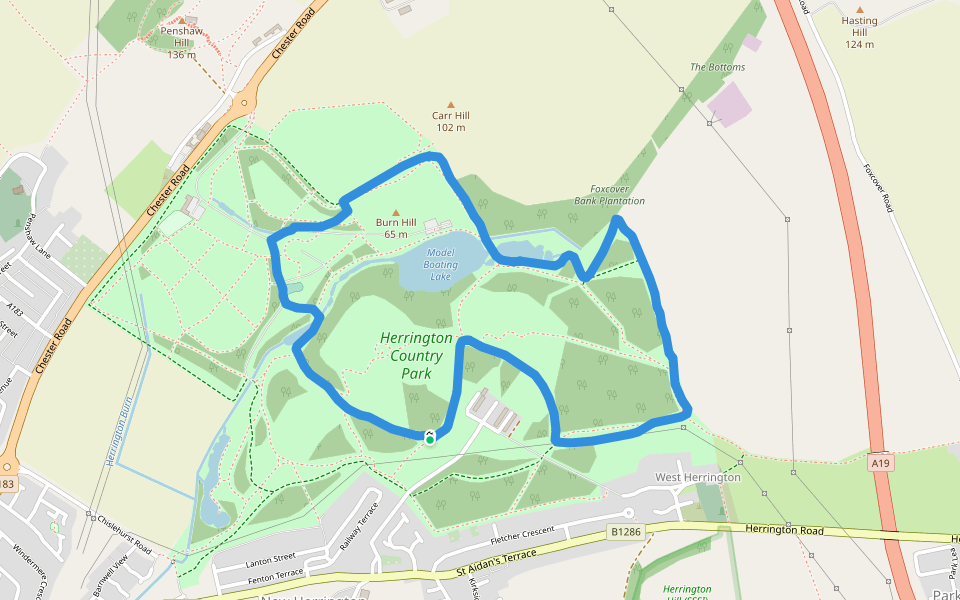 Herrington Country Park walking route map in New Herrington
