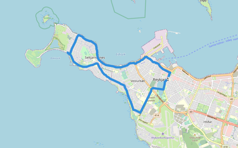 Seltjarnarnes - Vesturbær walking route map in Reykjavík