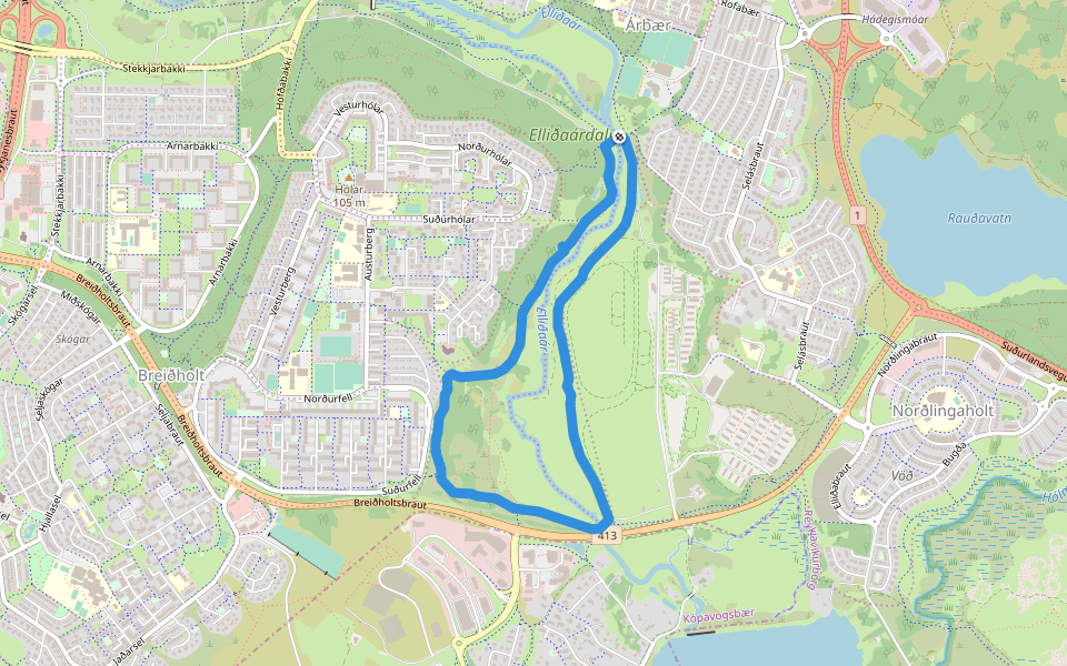 Elliðaárdalur walking route map in Reykjavík