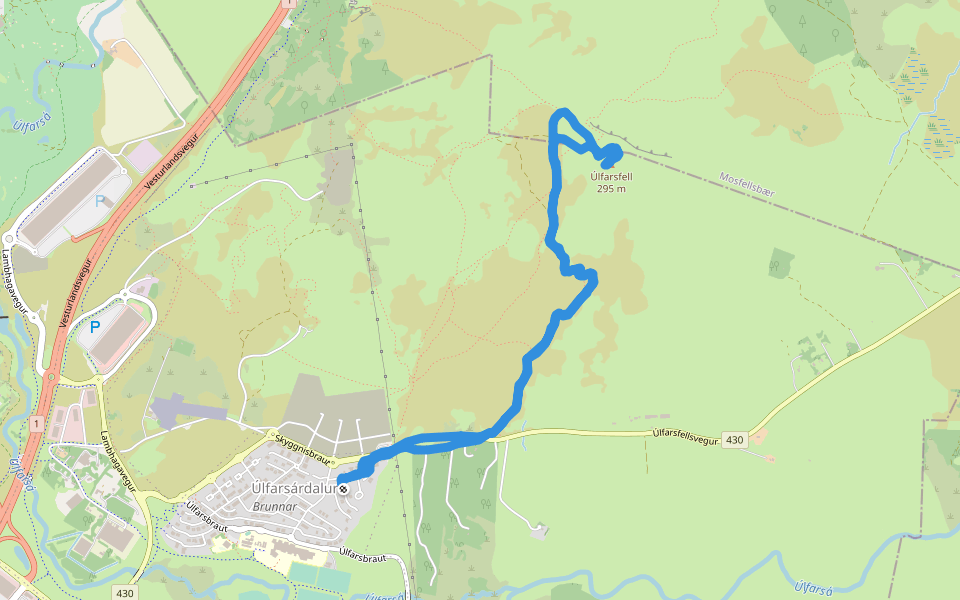 Úlfarsfellsvegur walking route map in Reykjavík