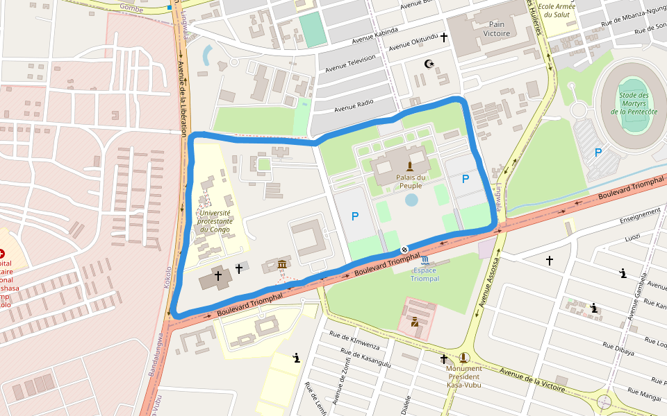 I.N.P.E.E.S. walking route map in Kinshasa