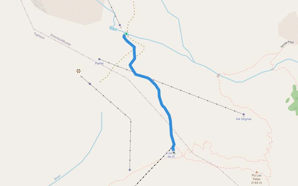 Gendusas Dadens - Cuolm da Vi walking route map in Disentis/Mustér