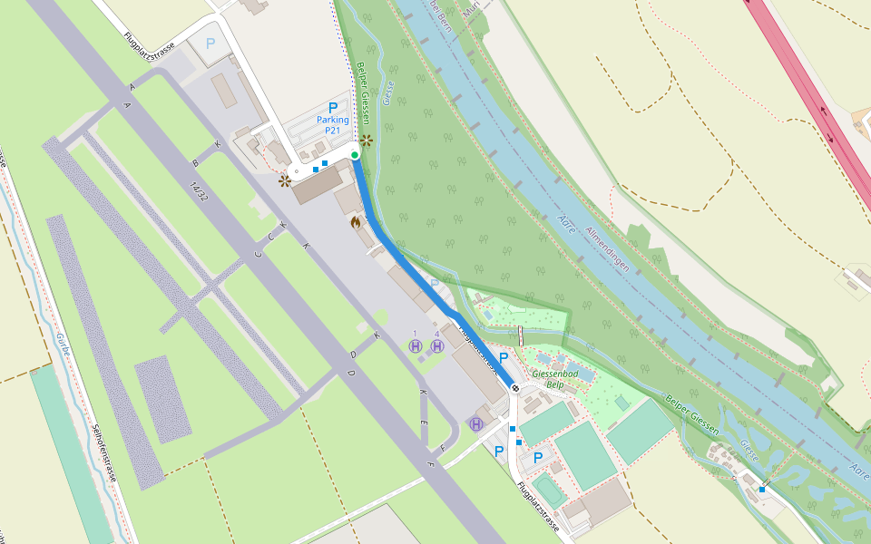 Flugplatz Bern Belp - Giessenbad walking route map in Belp