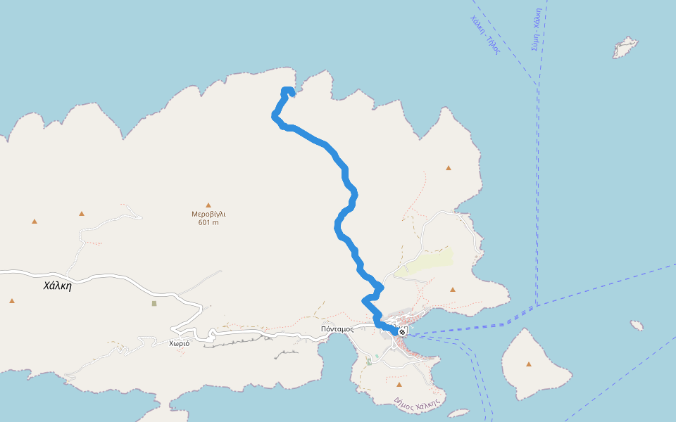 Emborio - Aretta beach walking route map in Chalki