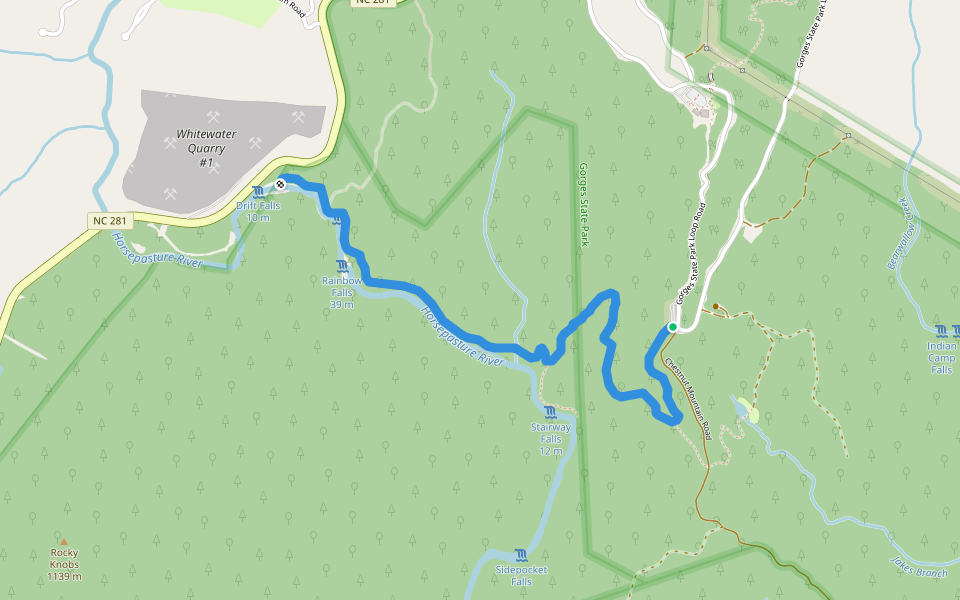 Rainbow Falls Trail walking route map in Lake Toxaway