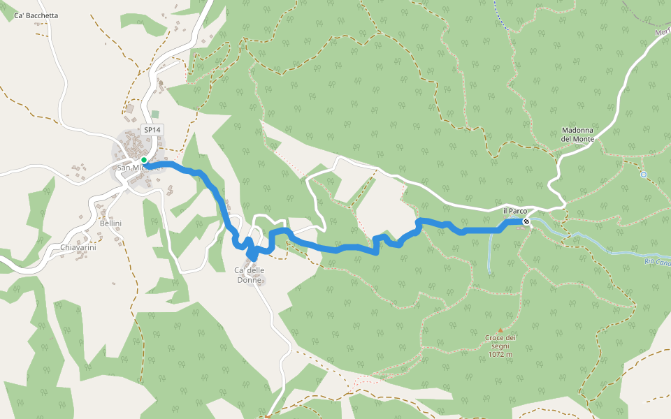 San Michele - Case delle Donne - Monte Cornetto - Rifugio Monte Moria walking route map in San Michele