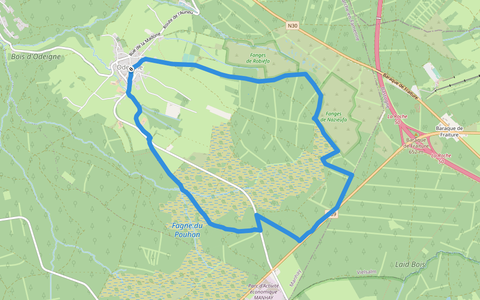 Fagne d'Odeigne walking route map in Manhay