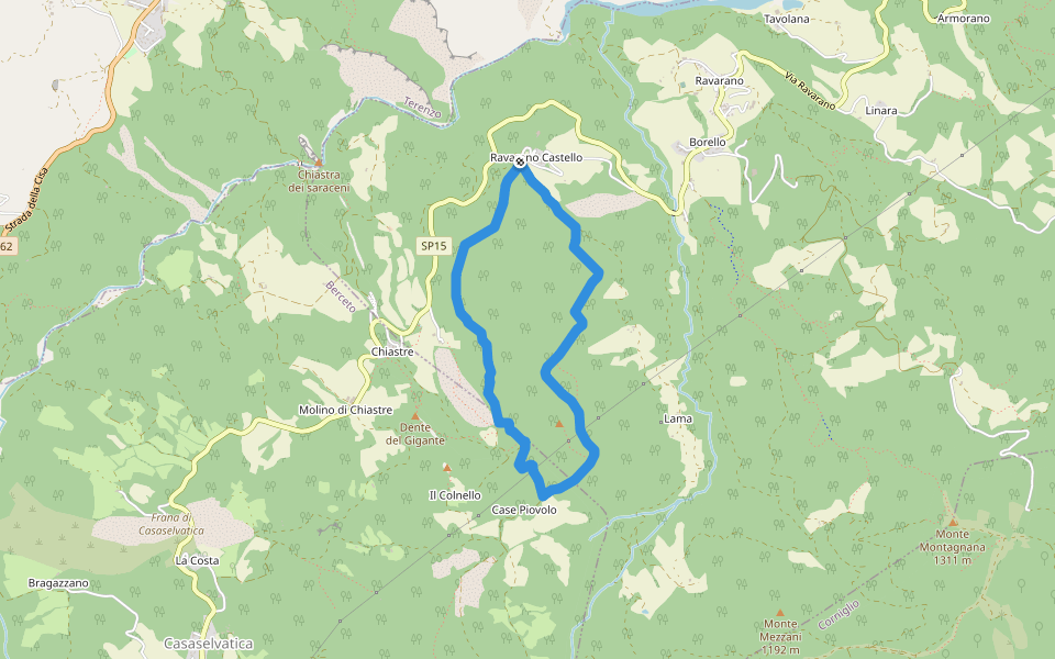 Castello di Ravarano - San Biagio - Monte Scaletta - Castello di Ravarano walking route map in Castello