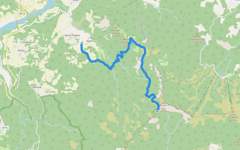 Agna - Monte Nocellara - Monte Caio walking route map in Agna