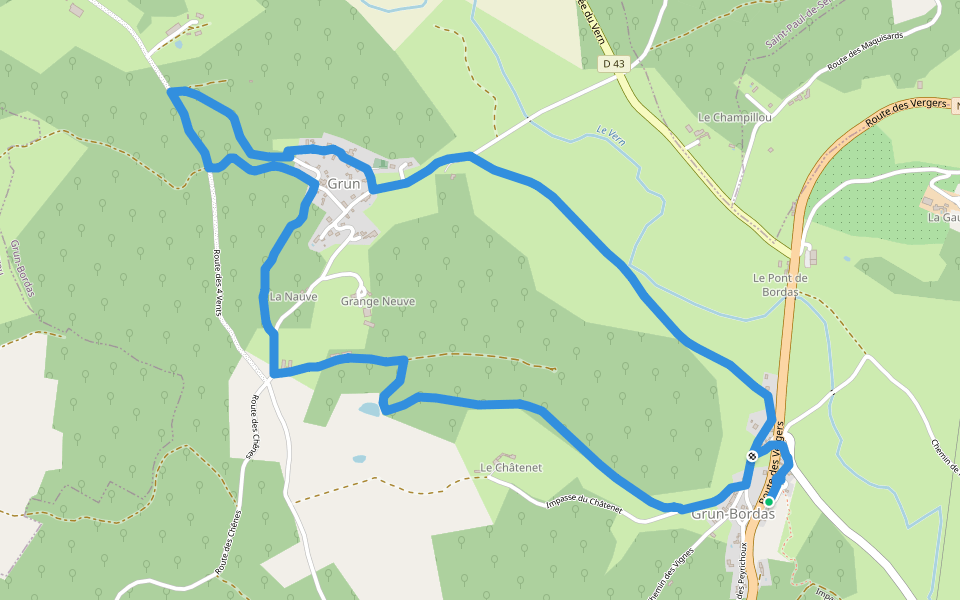 Boucle de Grun walking route map in Grun-Bordas