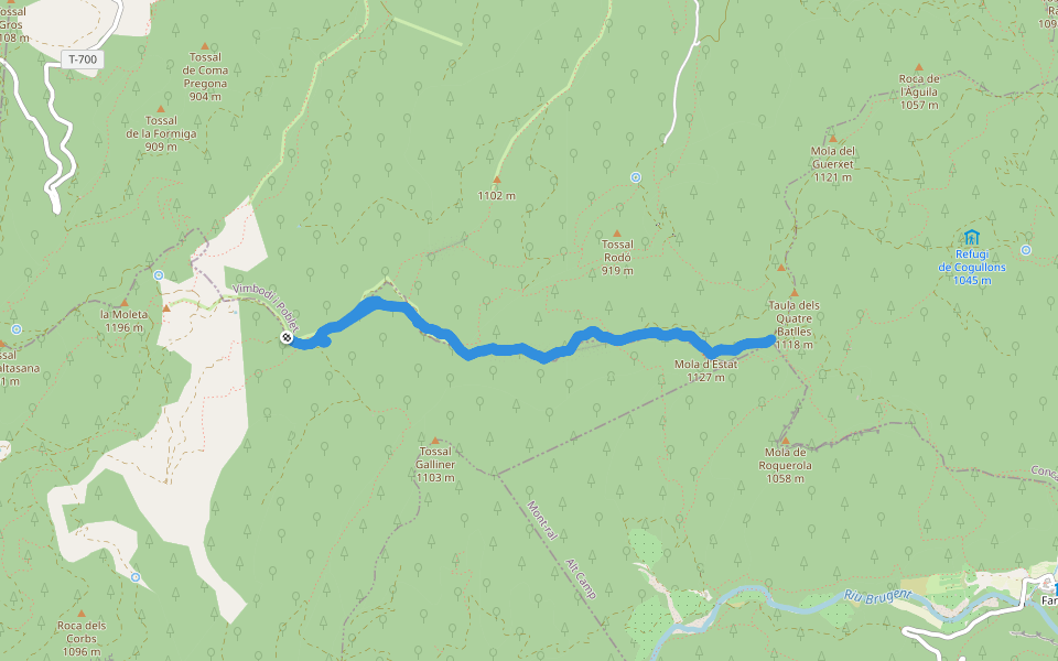 Camí natural de les Muntanyes de Prades. Variant de la Serra del Bosc o dels Quatre Batlles walking route map in Capafonts