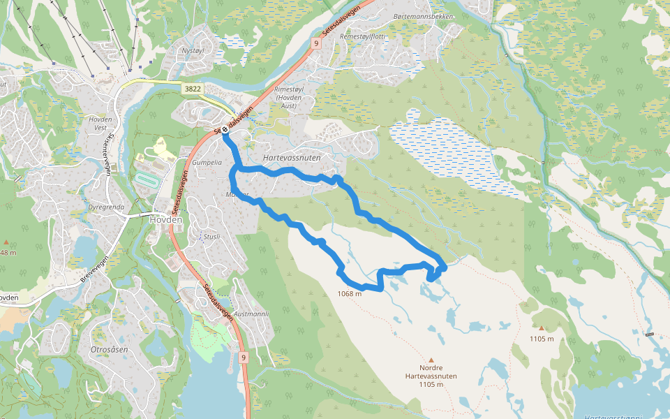 Hartevassnuten - kort walking route map in Hovden