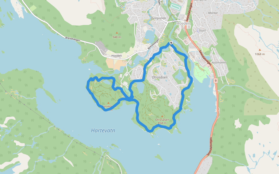 Otrosåsen og Røyrvikåsen walking route map in Hovde