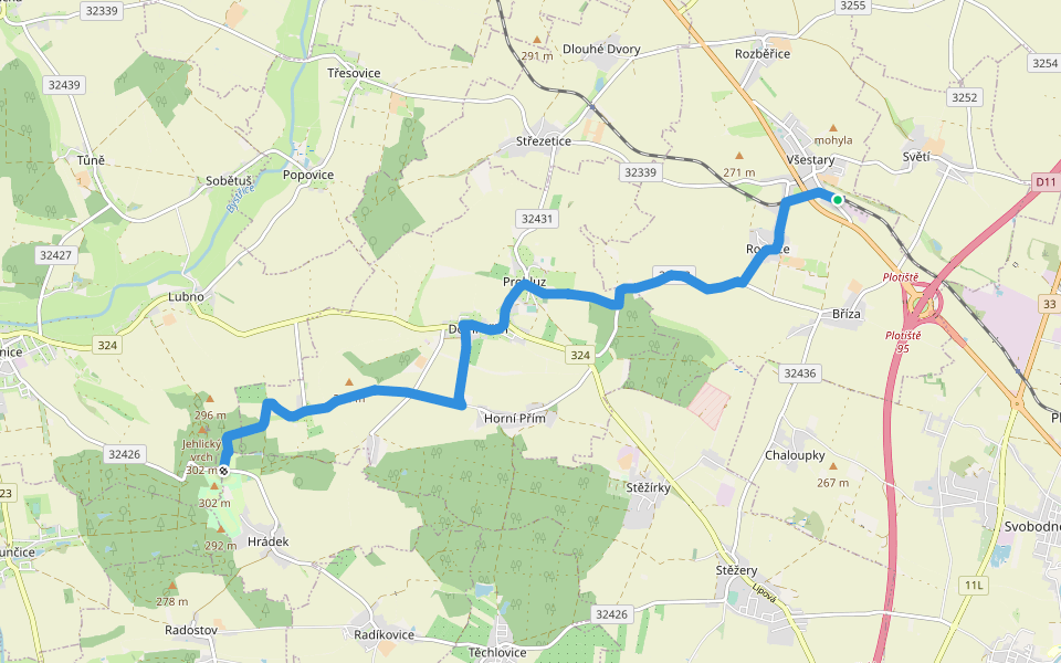 [M] Všestary (žst.) - Hrádek u Nechanic (zám.) walking route map in Všestary