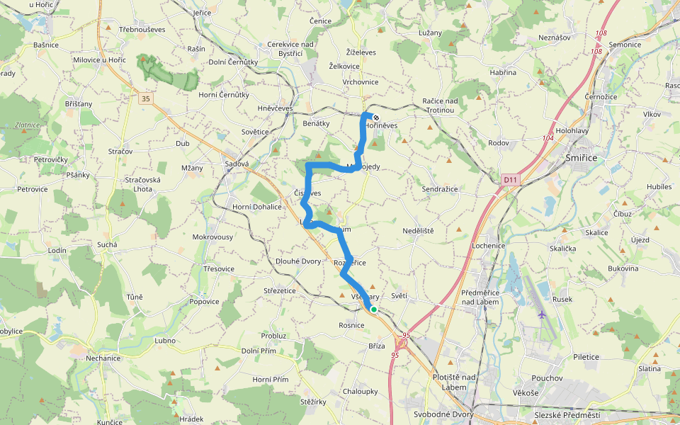 [Č] Všestary - Hořiněves walking route map in Všestary